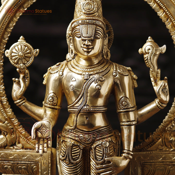 Brass Frame Vishnu Standing Fine Detailing, Special Gold Finish 22"