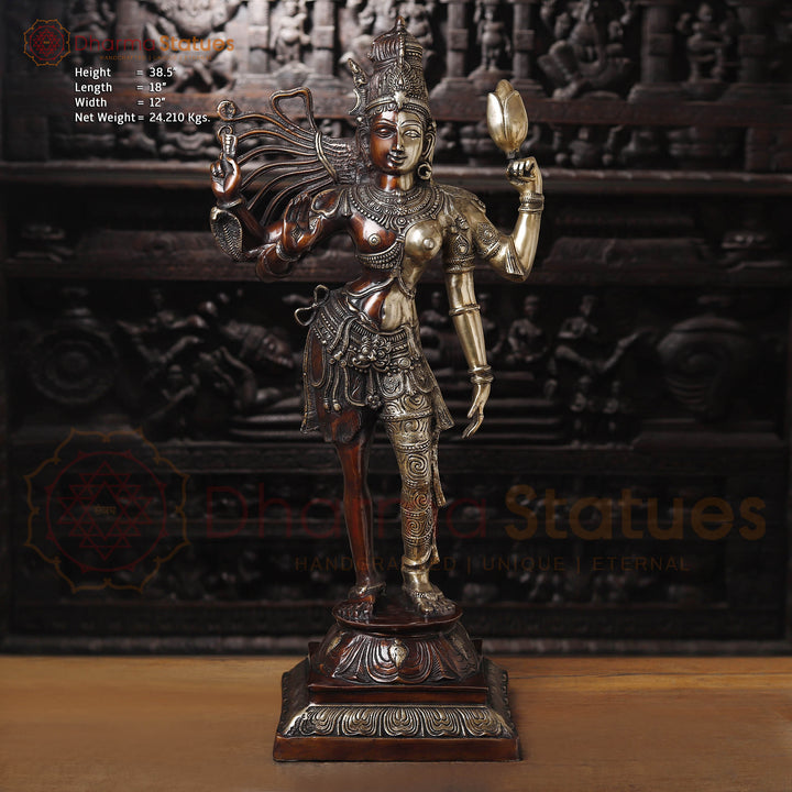 Brass Ardhanarishvara Standing, copper and golden tones, 38" Front View