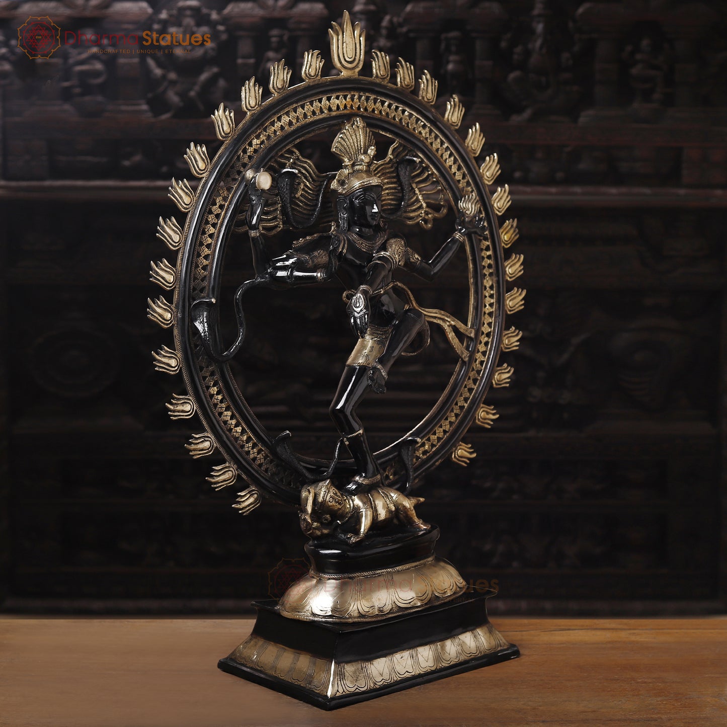 Brass Natraj, Statue Depicts Lord Shiva's Cosmic Dance, Black Patina 41.5" side view