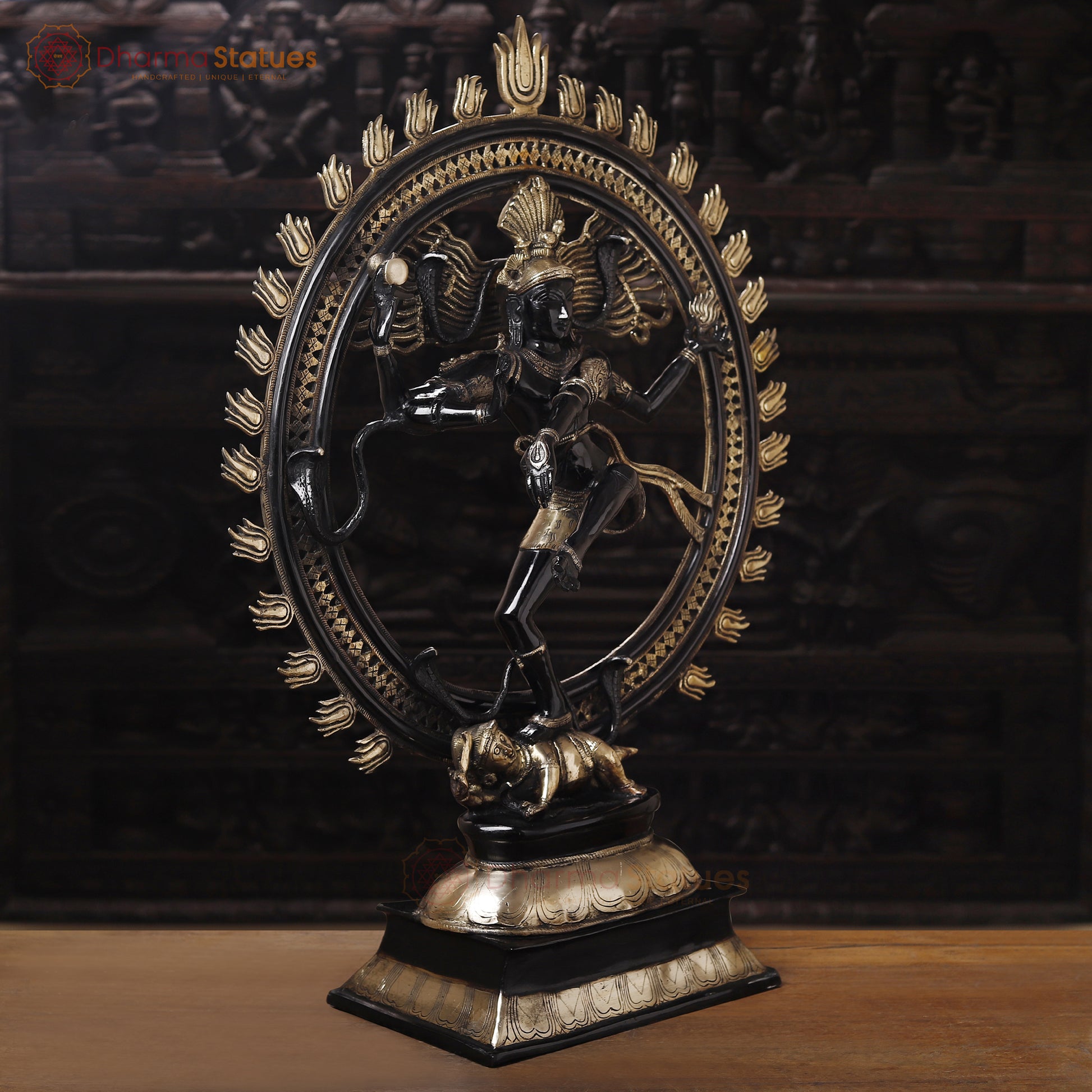 Brass Natraj, Statue Depicts Lord Shiva's Cosmic Dance, Black Patina 41.5" side view