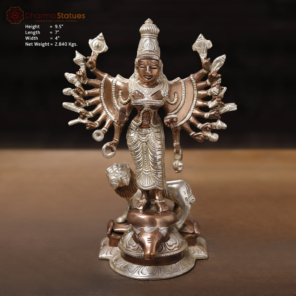 Brass Standing Durga (Bhogashakti), Exquisitely Handcrafted in Silver & Copper Finish, 9.5"