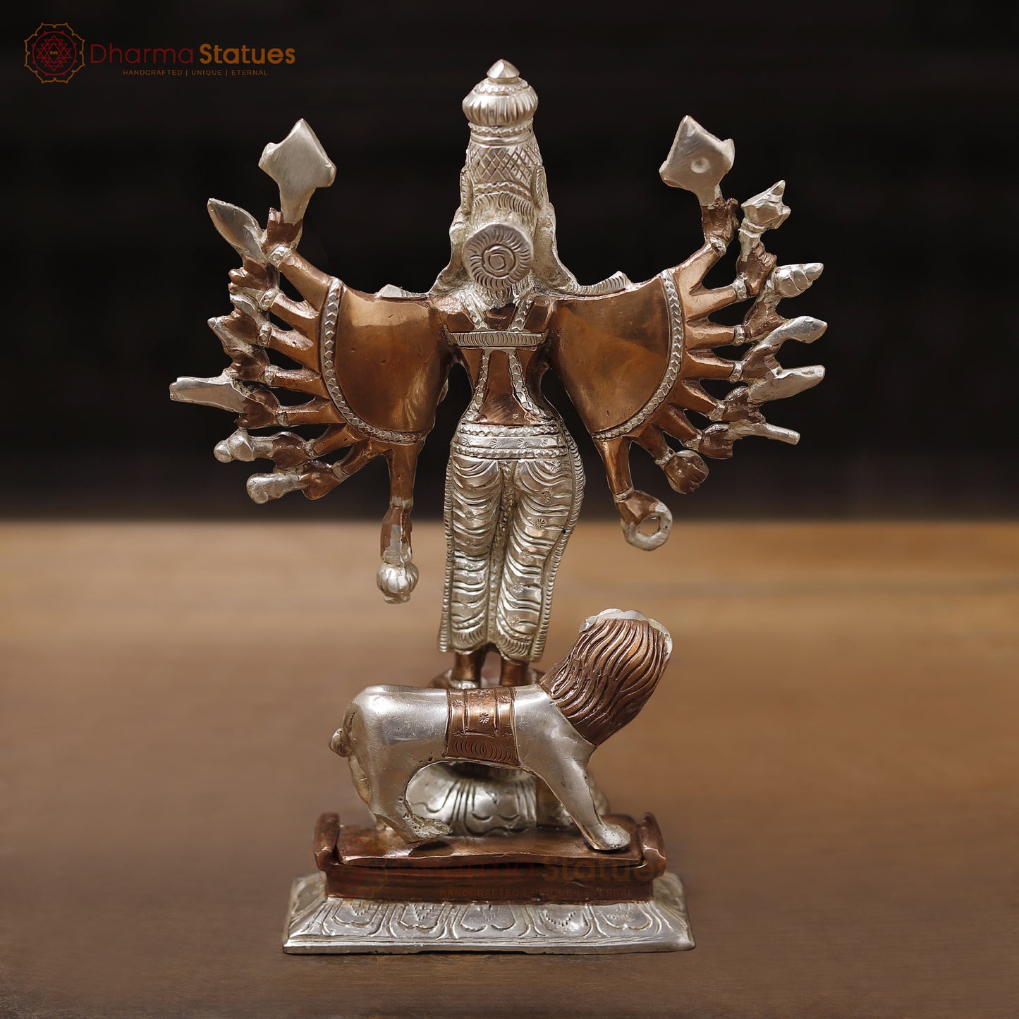 Brass Standing Durga (Bhogashakti), Exquisitely Handcrafted in Silver & Copper Finish, 9.5"