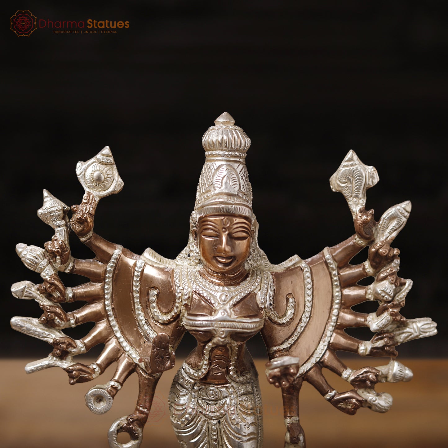 Brass Standing Durga (Bhogashakti), Exquisitely Handcrafted in Silver & Copper Finish, 9.5"