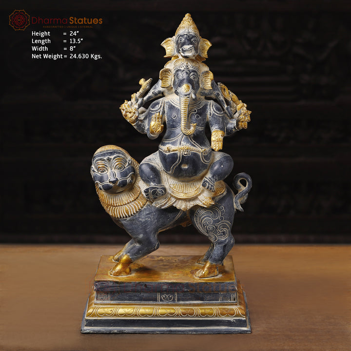 Brass Ganesh Panchmukhi Sitting On lion, Antique Finish, 24" Front View