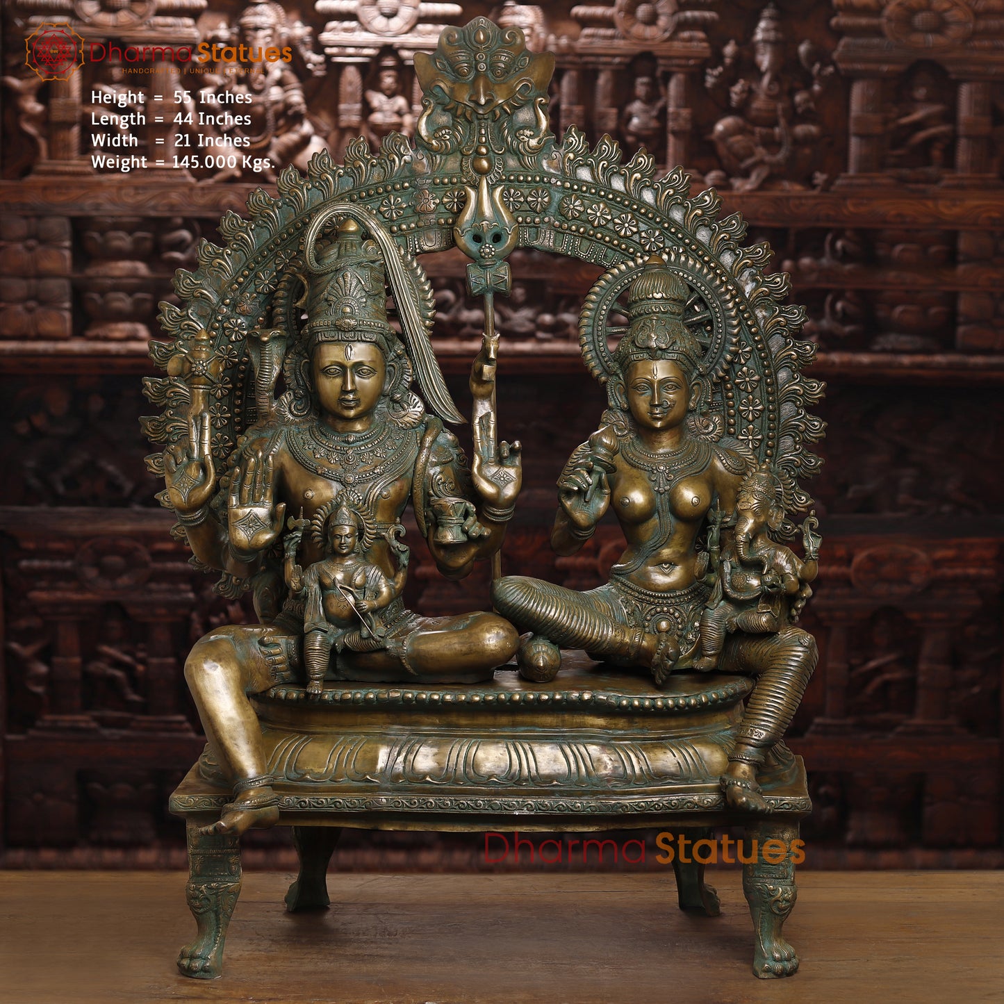 Brass Shiva, Parvati, Ganesh & Kartikeya, Golden & Green Finish, 55"