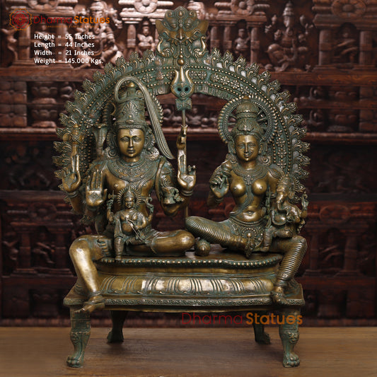 Brass Shiva, Parvati, Ganesh & Kartikeya, Golden & Green Finish, 55"