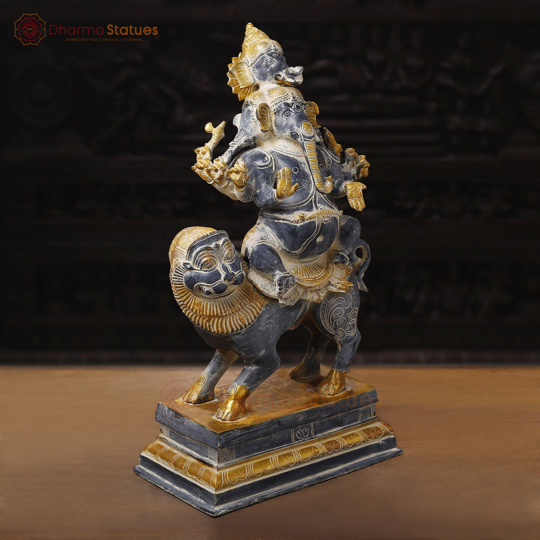 Brass Ganesh Panchmukhi Sitting On lion, Antique Finish, 24"