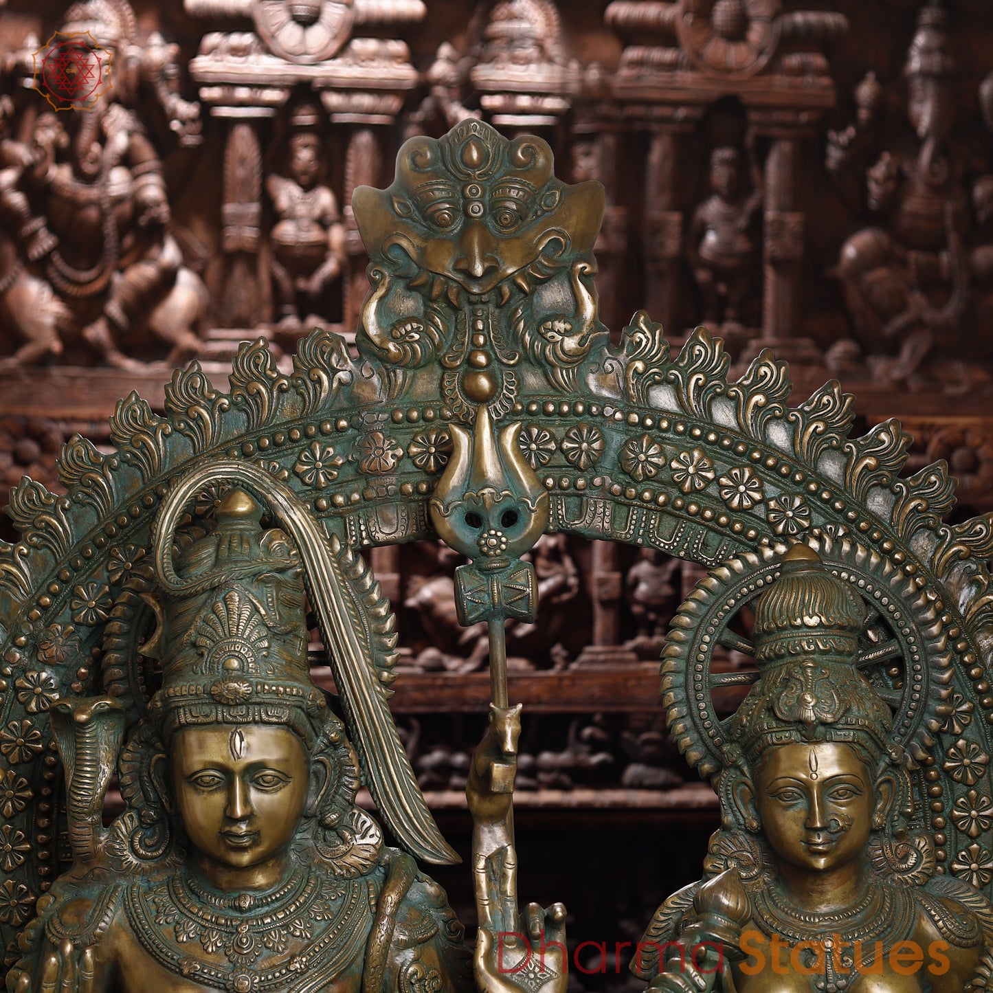 Brass Shiva, Parvati, Ganesh & Kartikeya, Golden & Green Finish, 55"