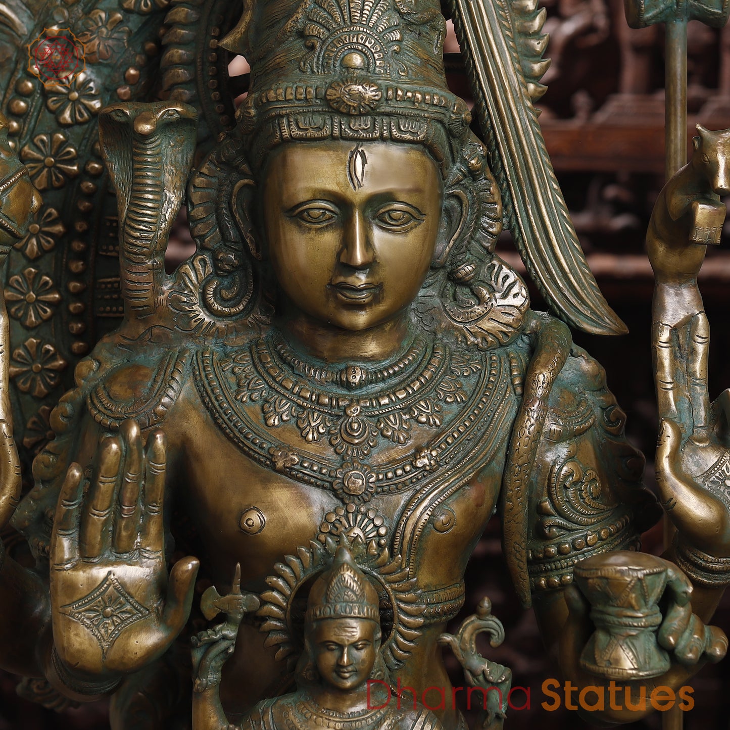 Brass Shiva, Parvati, Ganesh & Kartikeya, Golden & Green Finish, 55"