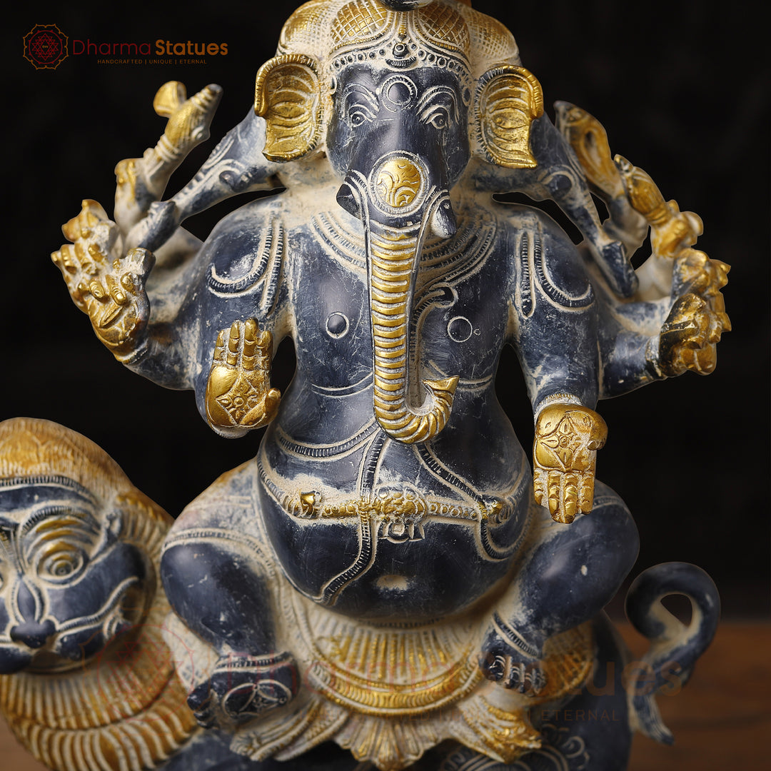 Brass Ganesh Panchmukhi Sitting On lion, Antique Finish, 24"