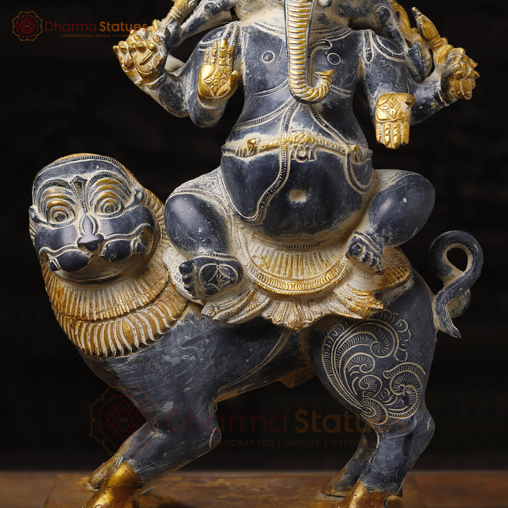 Brass Ganesh Panchmukhi Sitting On lion, Antique Finish, 24"