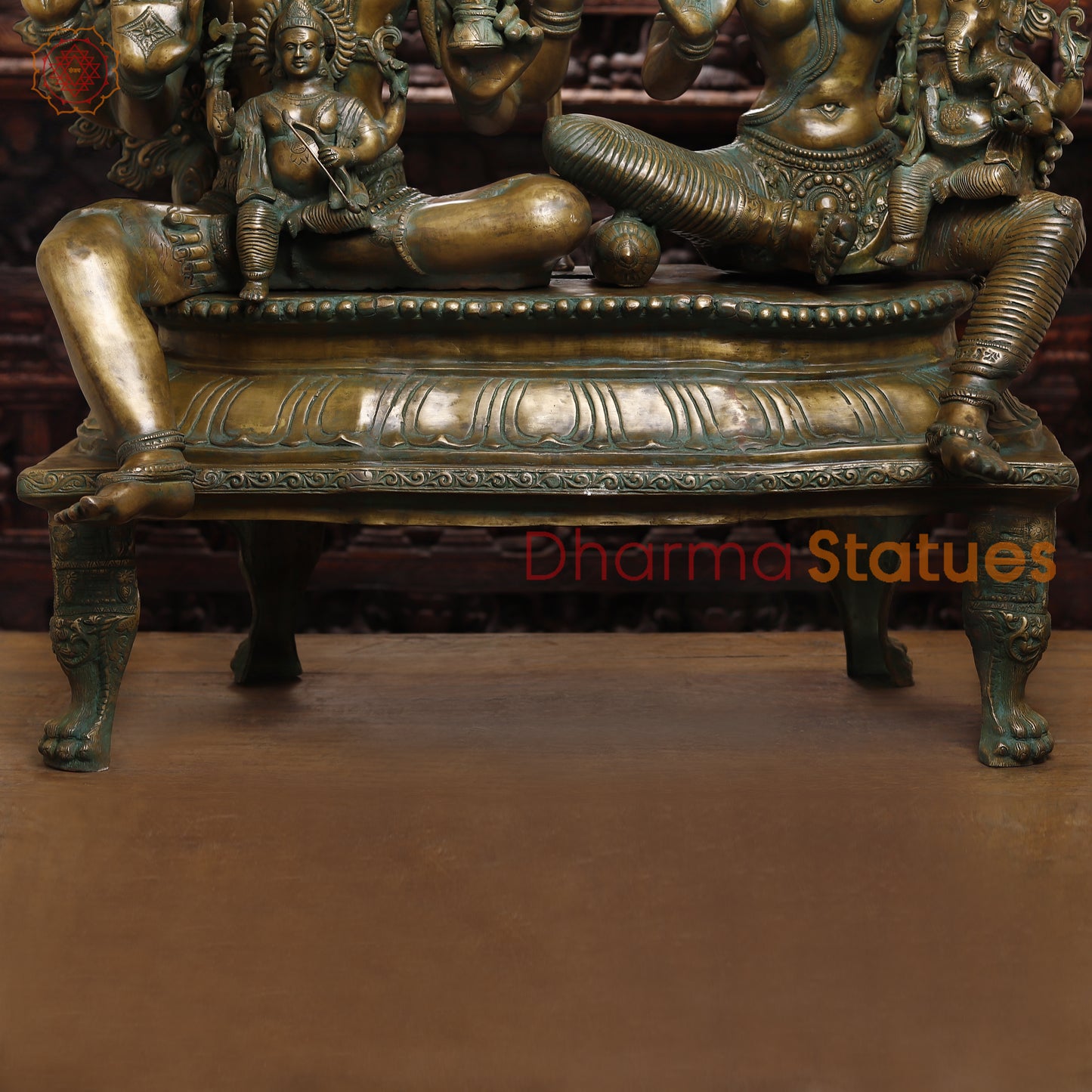 Brass Shiva, Parvati, Ganesh & Kartikeya, Golden & Green Finish, 55"