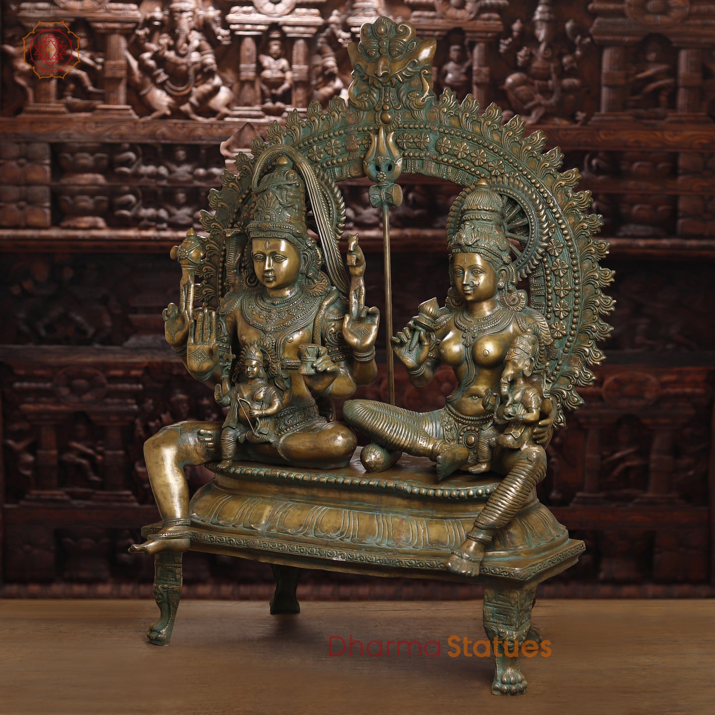 Brass Shiva, Parvati, Ganesh & Kartikeya, Golden & Green Finish, 55"