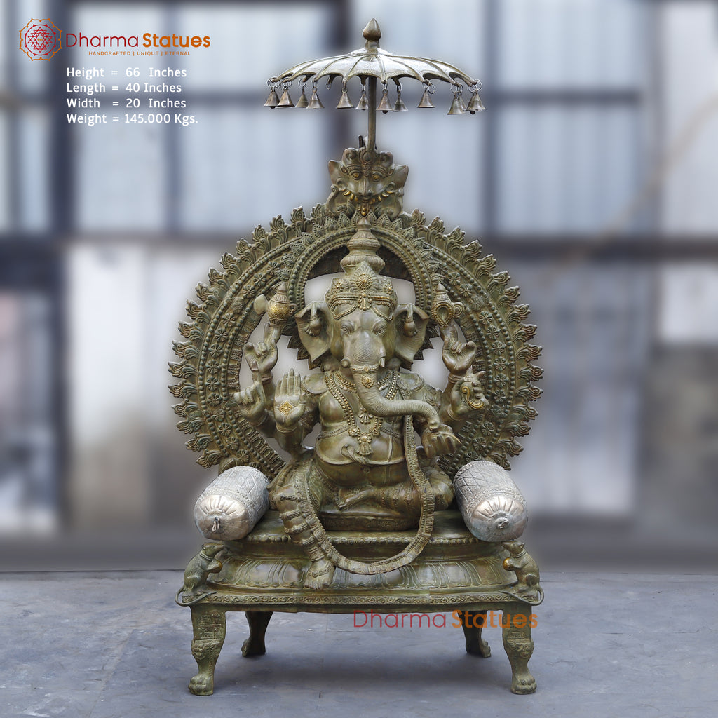 Brass Ganesh seated on Throne, Green Patina Finish, 66"