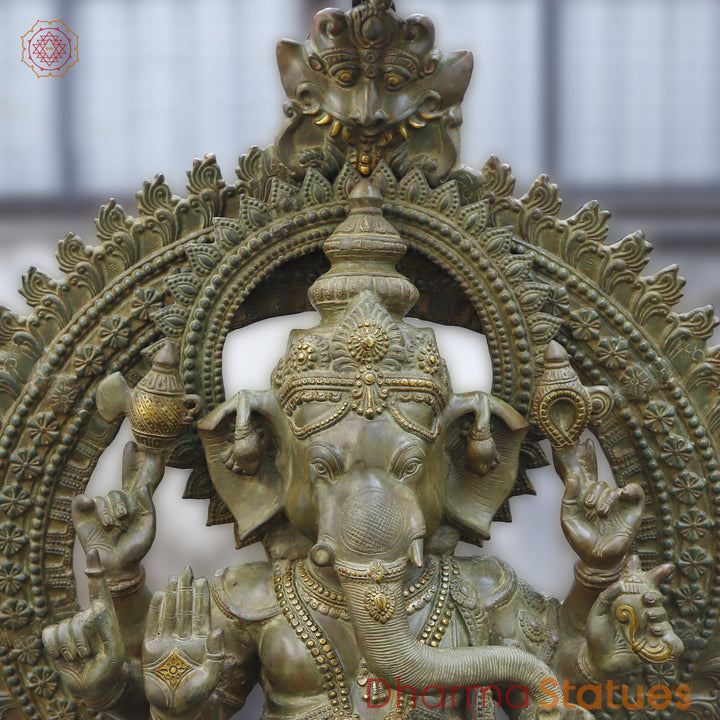 Brass Ganesh seated on Throne, Green Patina Finish, 66"