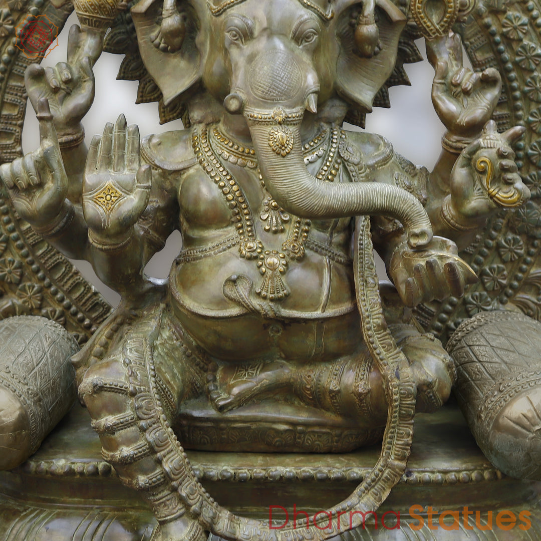 Brass Ganesh seated on Throne, Green Patina Finish, 66"