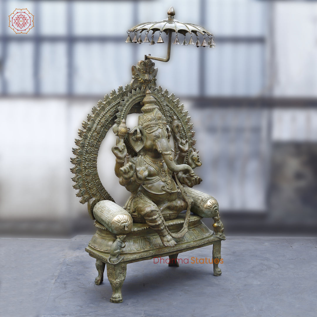 Brass Ganesh seated on Throne, Green Patina Finish, 66"