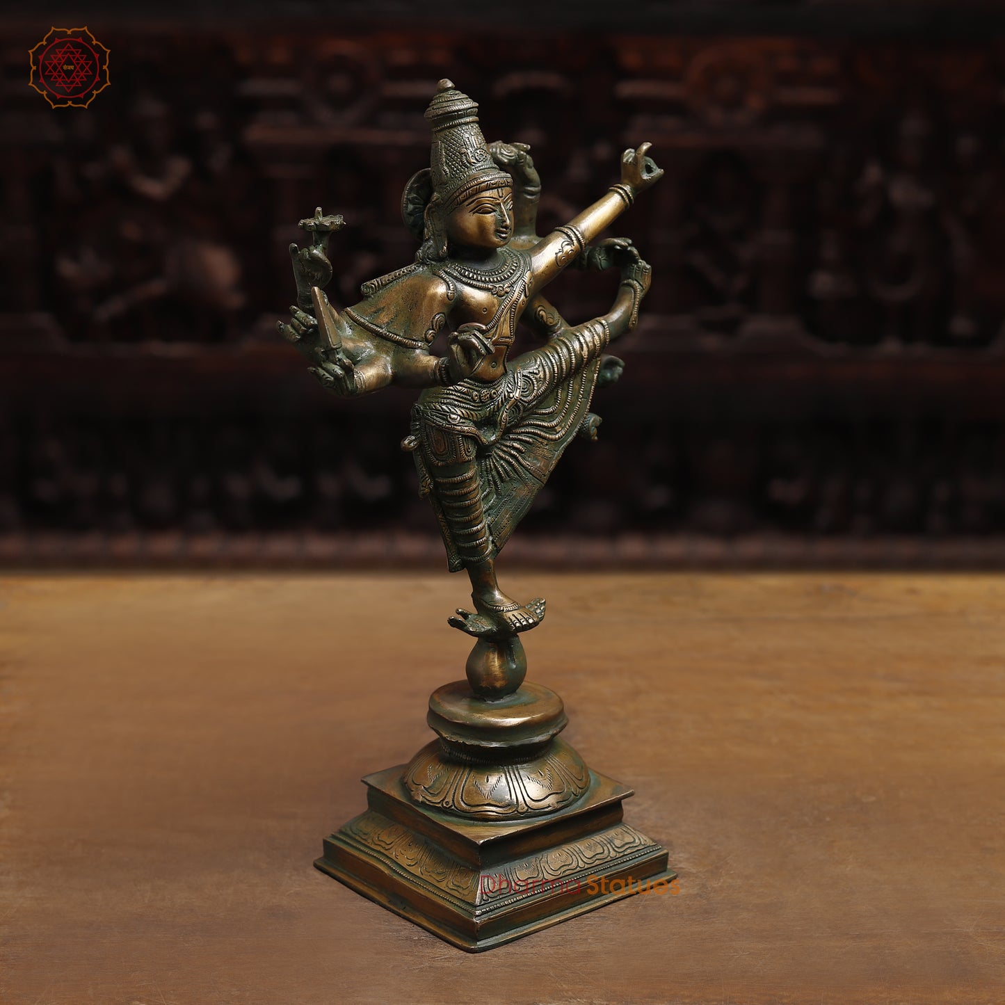 Brass Dancing Shiva, Goldenwith Green Patina Finish, 16.5"