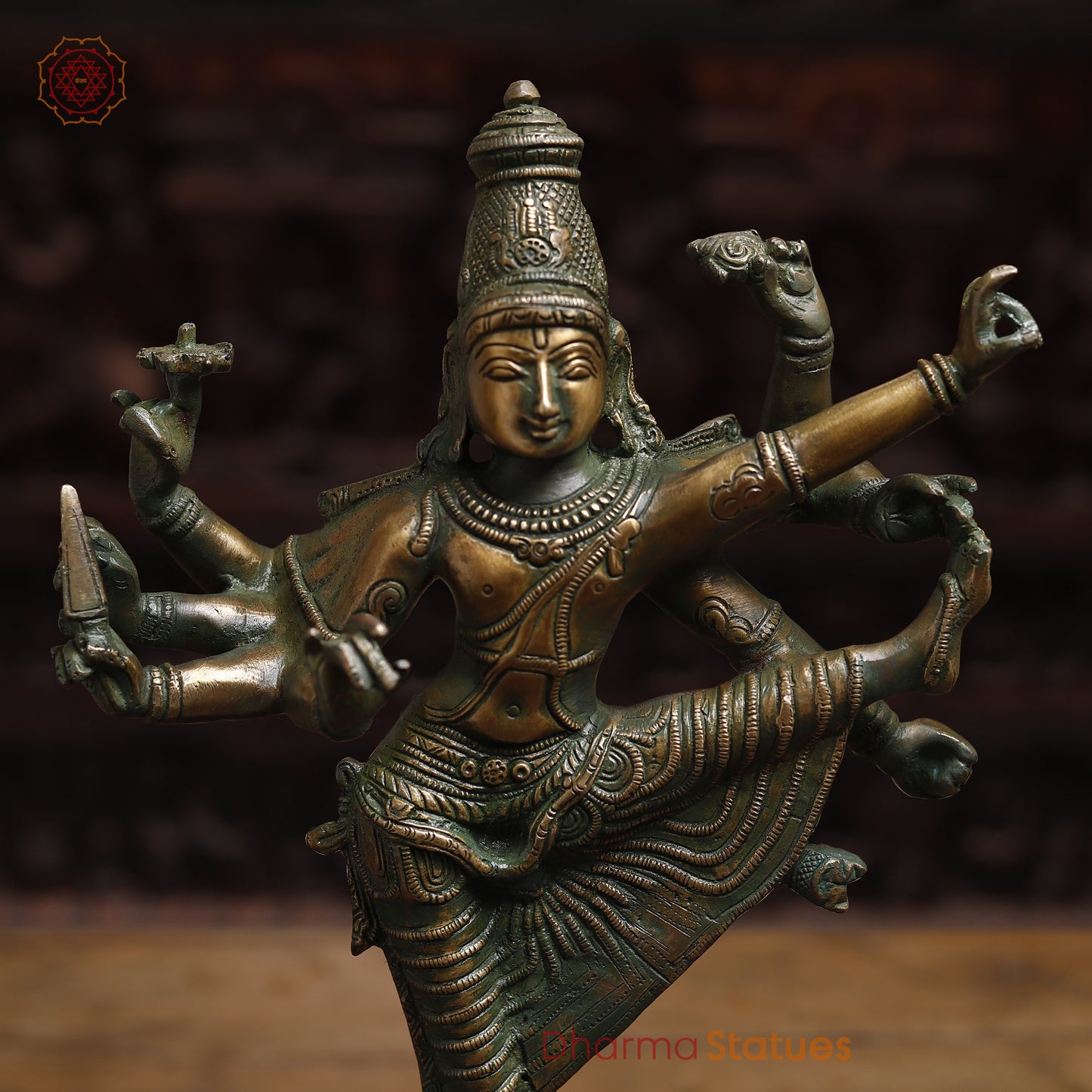 Brass Dancing Shiva, Goldenwith Green Patina Finish, 16.5"