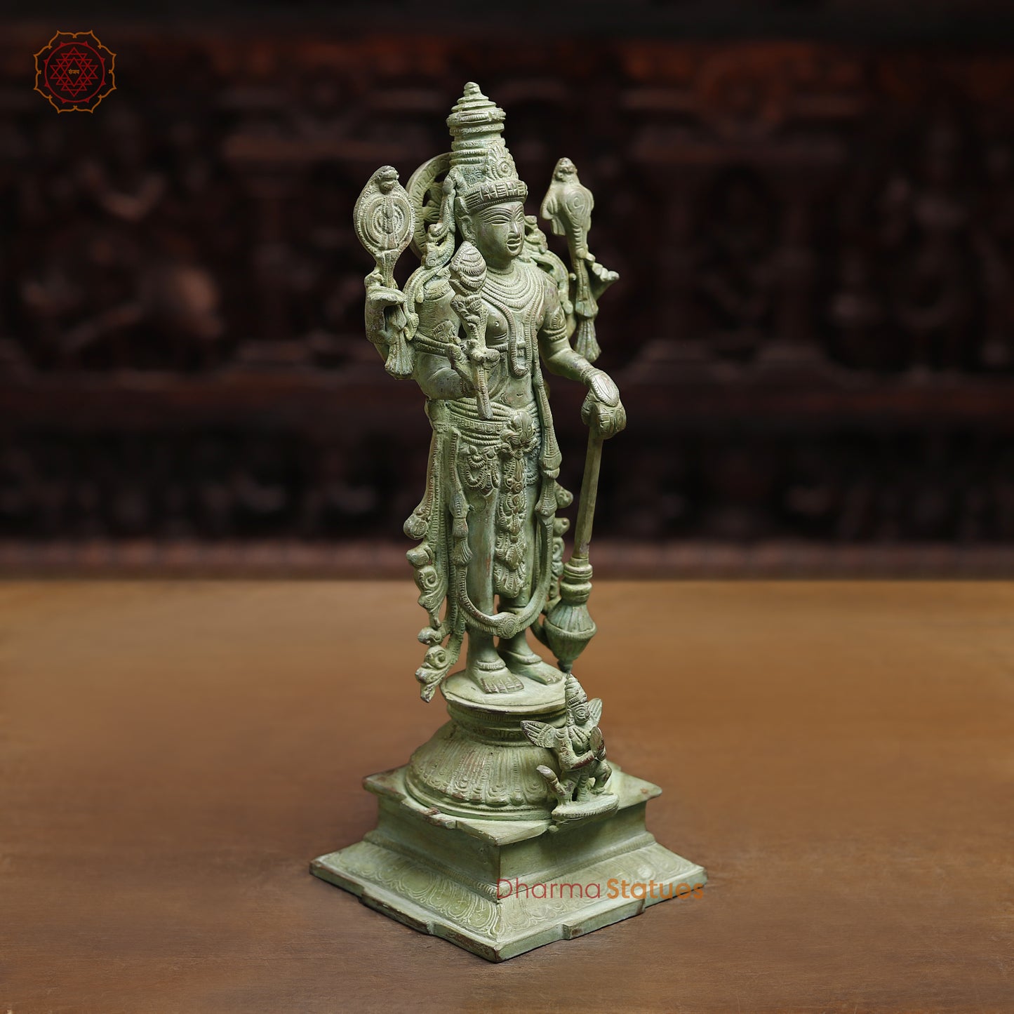 Brass Four-Armed Standing Vishnu, Green Patina Finish, 15"