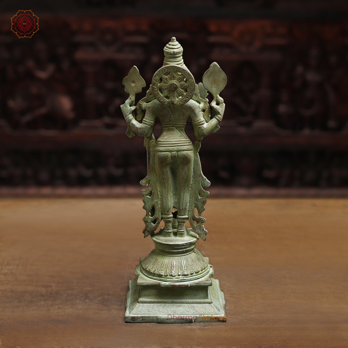 Brass Four-Armed Standing Vishnu, Green Patina Finish, 15"