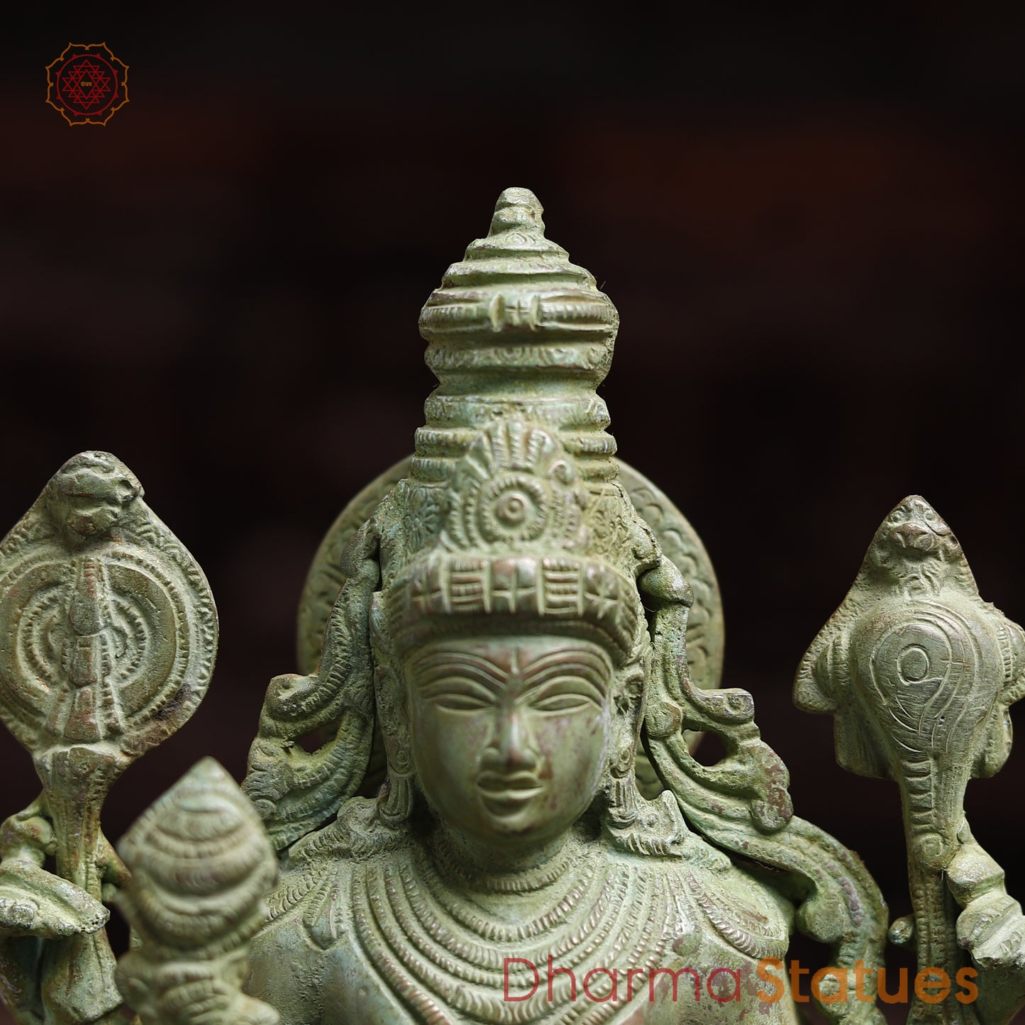 Brass Four-Armed Standing Vishnu, Green Patina Finish, 15"