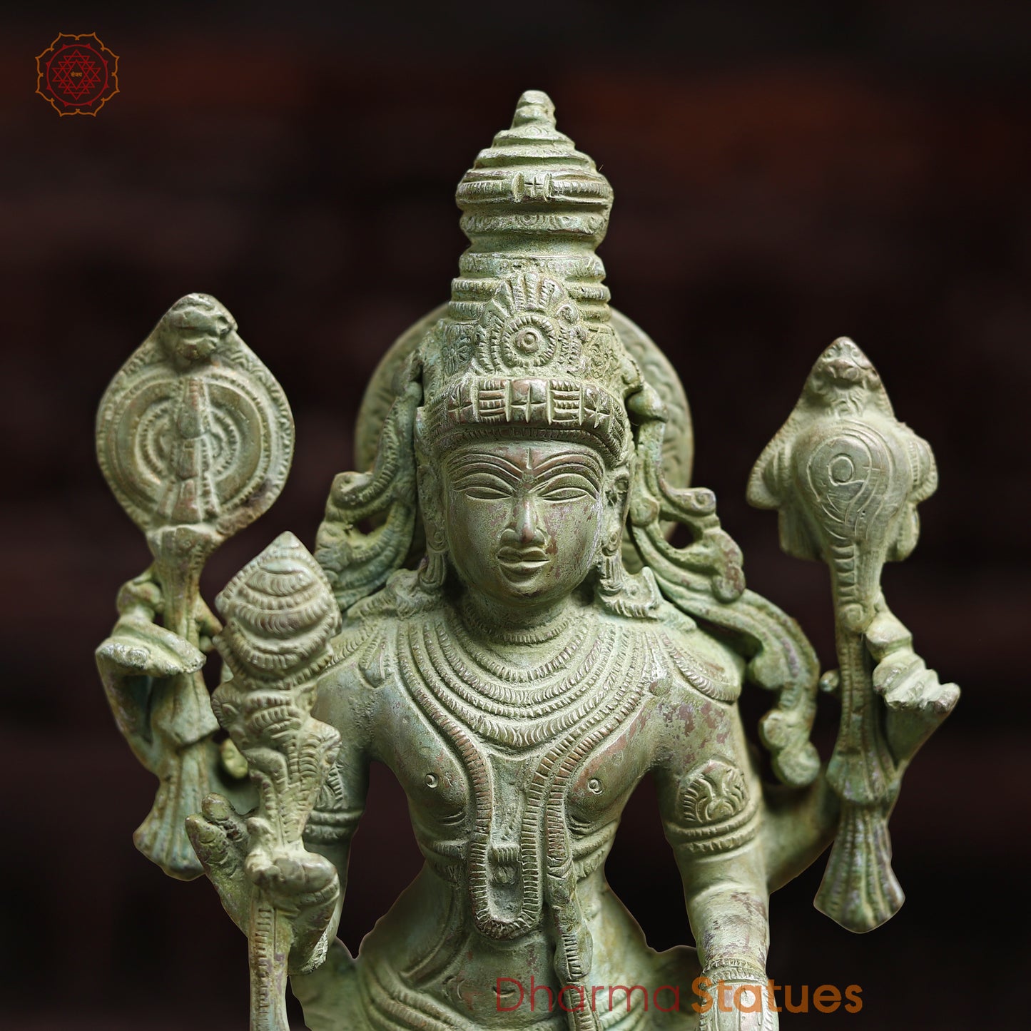 Brass Four-Armed Standing Vishnu, Green Patina Finish, 15"
