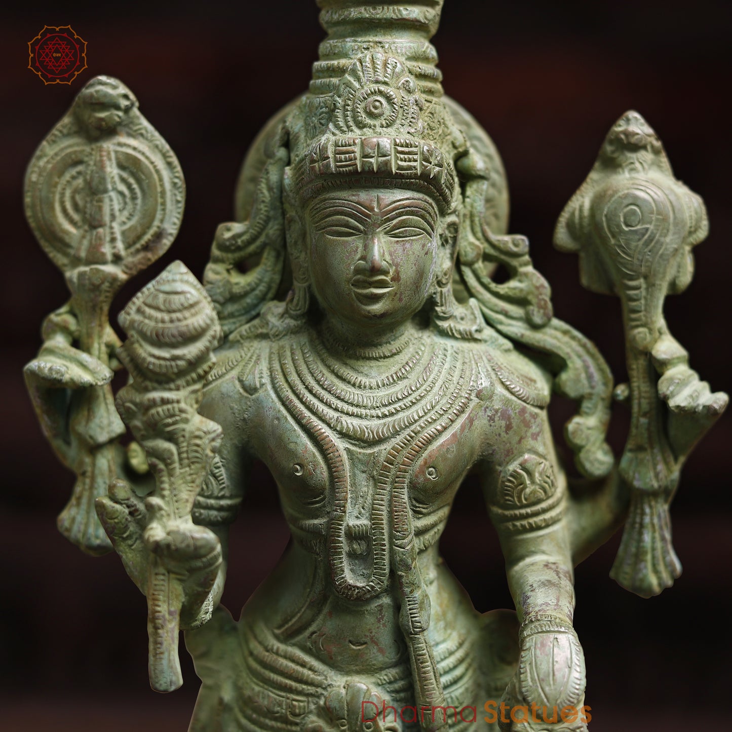 Brass Four-Armed Standing Vishnu, Green Patina Finish, 15"