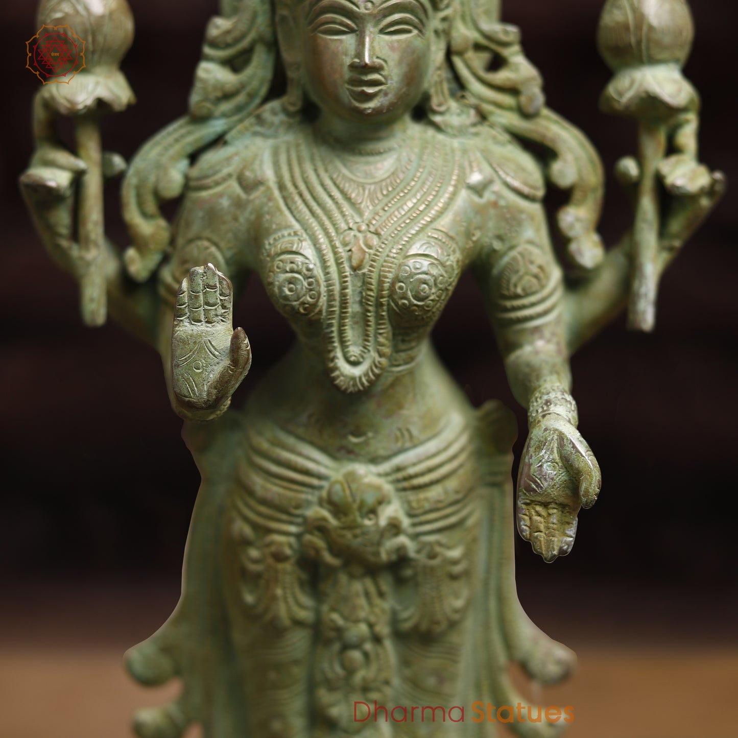 Brass Lakshmi, Green Patina Finish, 15"