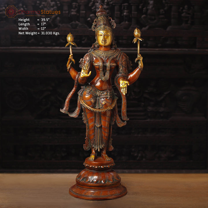 Lakshmi Brass Statue, Graceful Figure of Prosperity and Success, Copper & Golden Finish, 39.5"