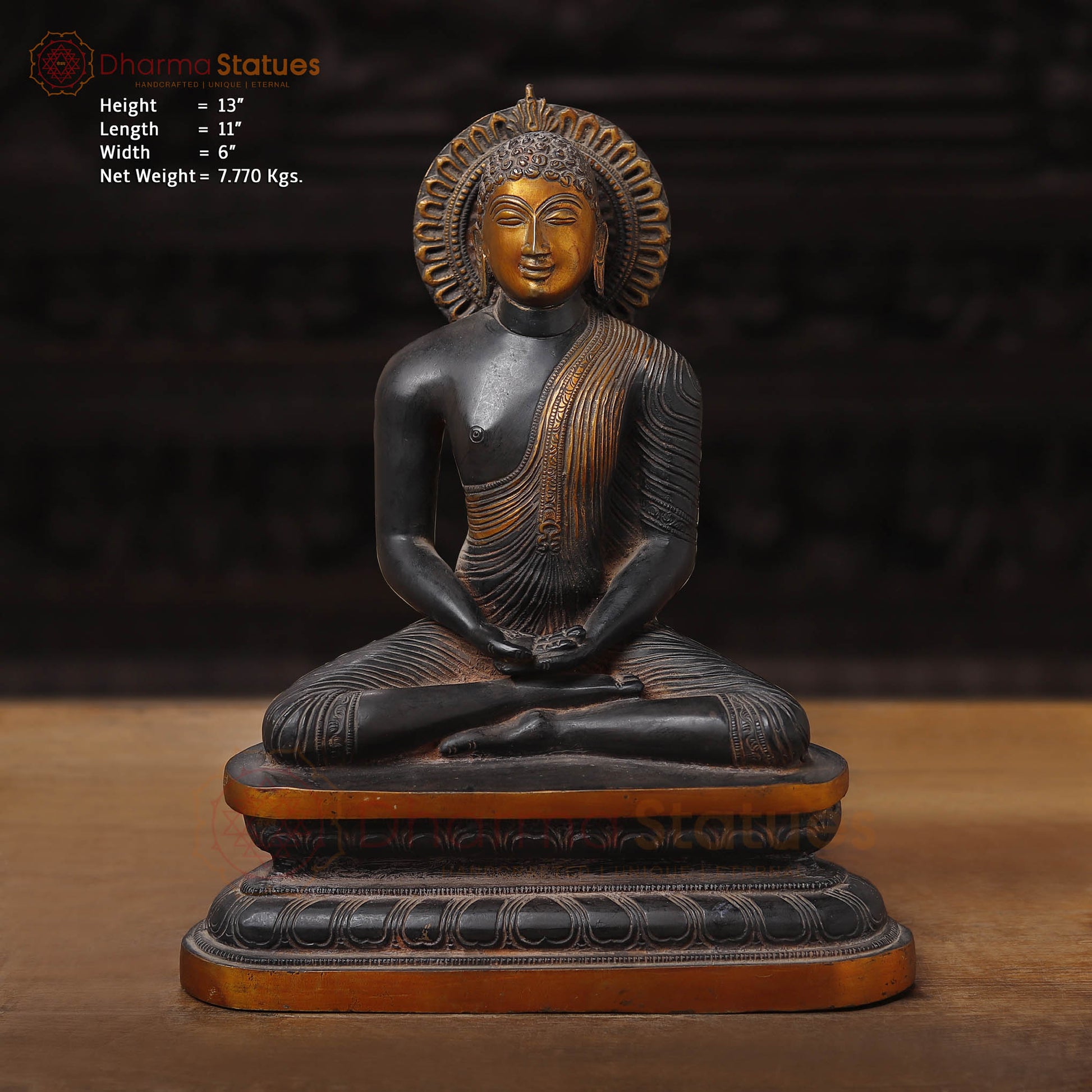 Brass Buddha Idol, Sitting In Meditation, Black and Gold Finish 13" Front View