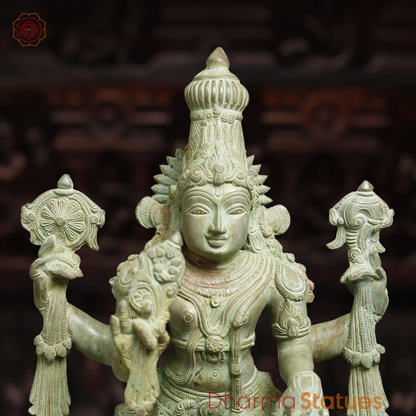 Brass Vishnu Statue, Antique Green Finish, 20"