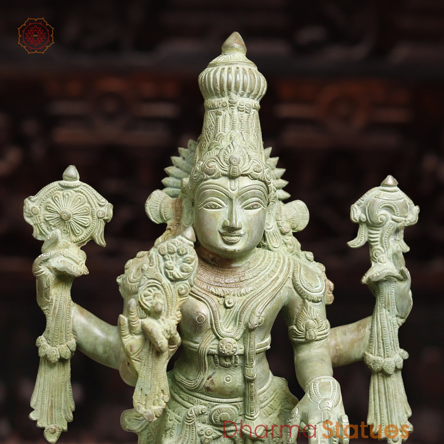 Brass Vishnu Statue, Antique Green Finish, 20"