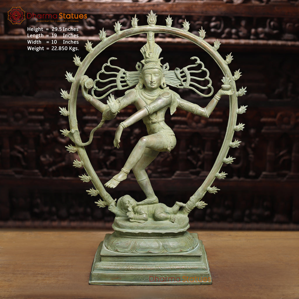 Brass Nataraj, Dancing Shiva, Antique Green Finish, 29.5"