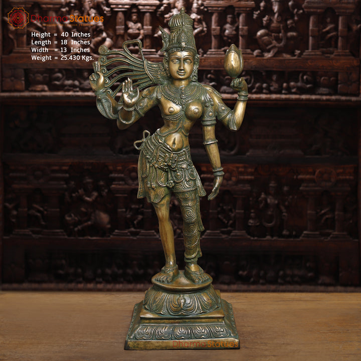 Brass Ardhanarishwar Statue, Antique Green Finish, 40"