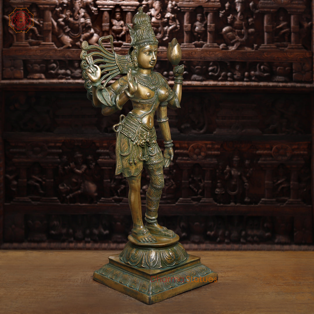 Brass Ardhanarishwar Statue, Antique Green Finish, 40"