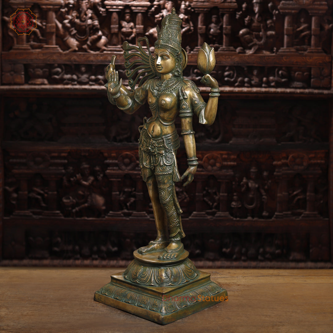 Brass Ardhanarishwar Statue, Antique Green Finish, 40"