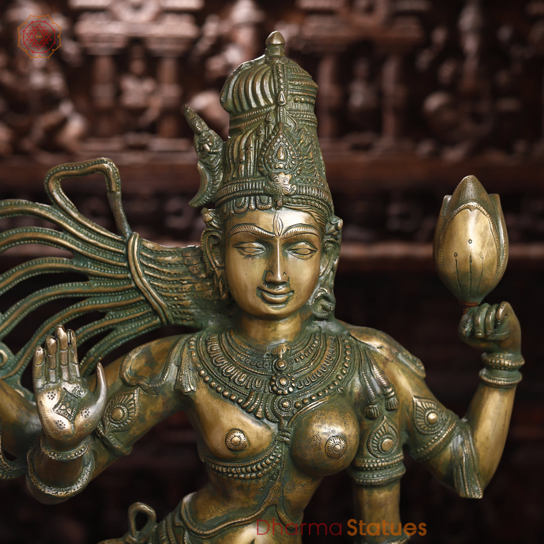 Brass Ardhanarishwar Statue, Antique Green Finish, 40"