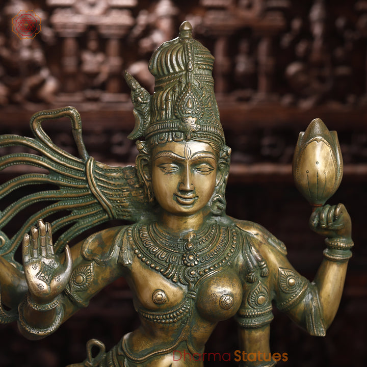 Brass Ardhanarishwar Statue, Antique Green Finish, 40"