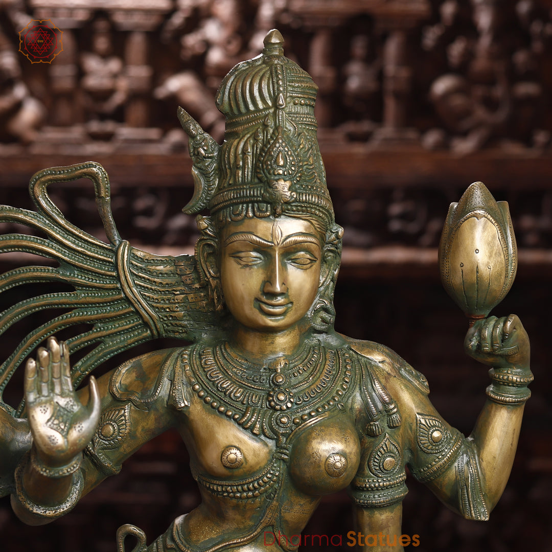 Brass Ardhanarishwar Statue, Antique Green Finish, 40"