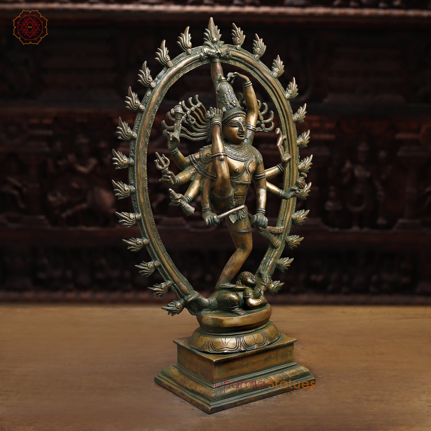 Brass Nataraj, Dancing Shiva, Antique Gold & Green Finish, 24.5"