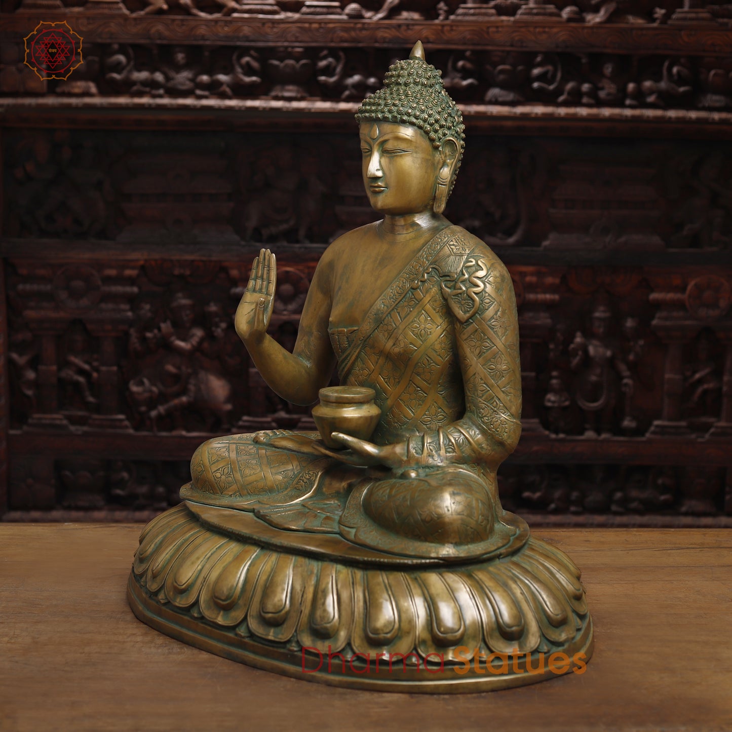 Brass Buddha seated in Blessing Posture, Golden & Green Patina Finish, 29"