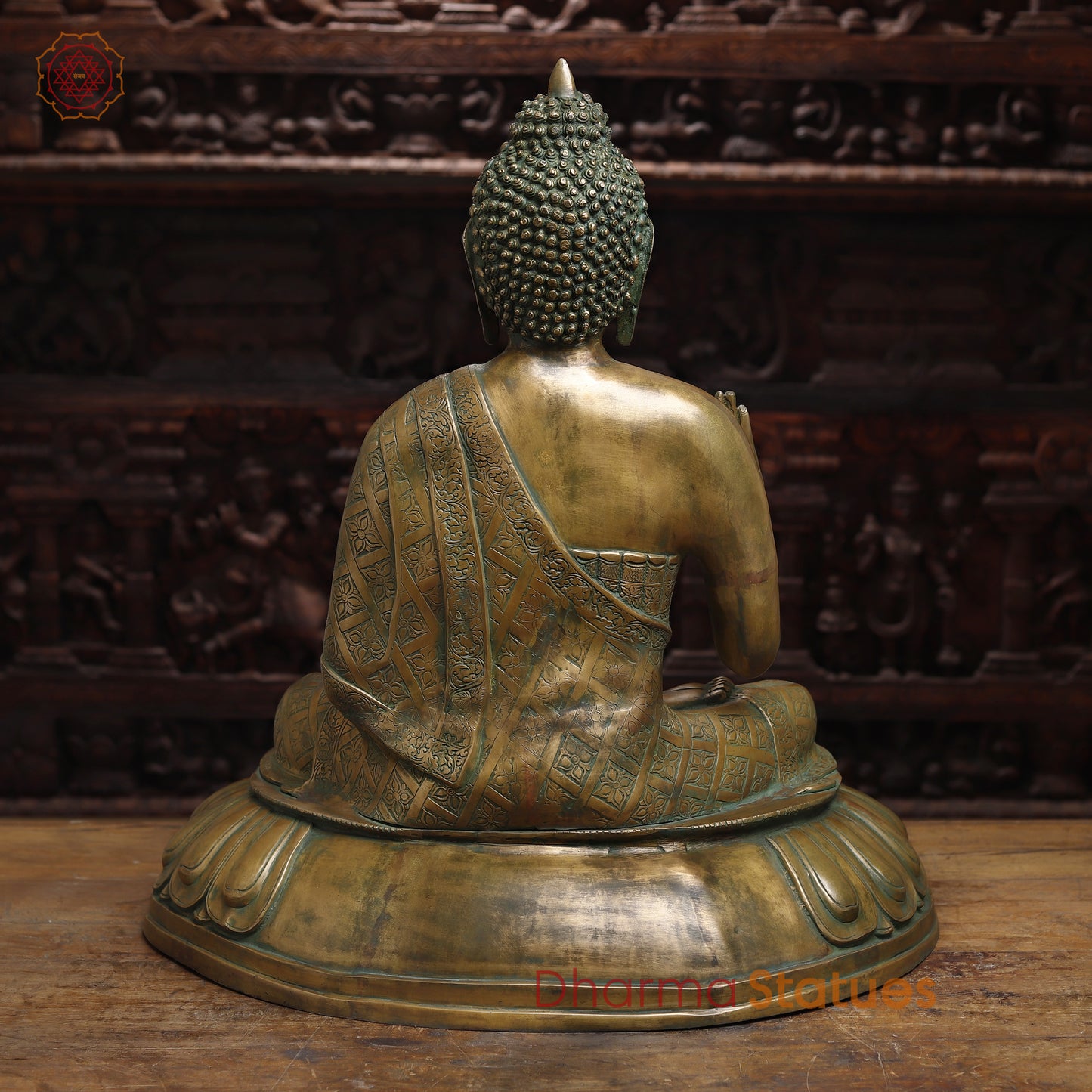 Brass Buddha seated in Blessing Posture, Golden & Green Patina Finish, 29"