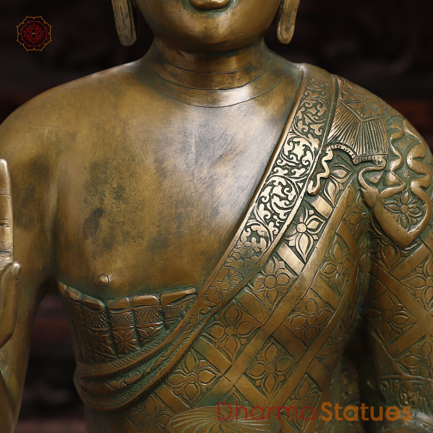 Brass Buddha seated in Blessing Posture, Golden & Green Patina Finish, 29"