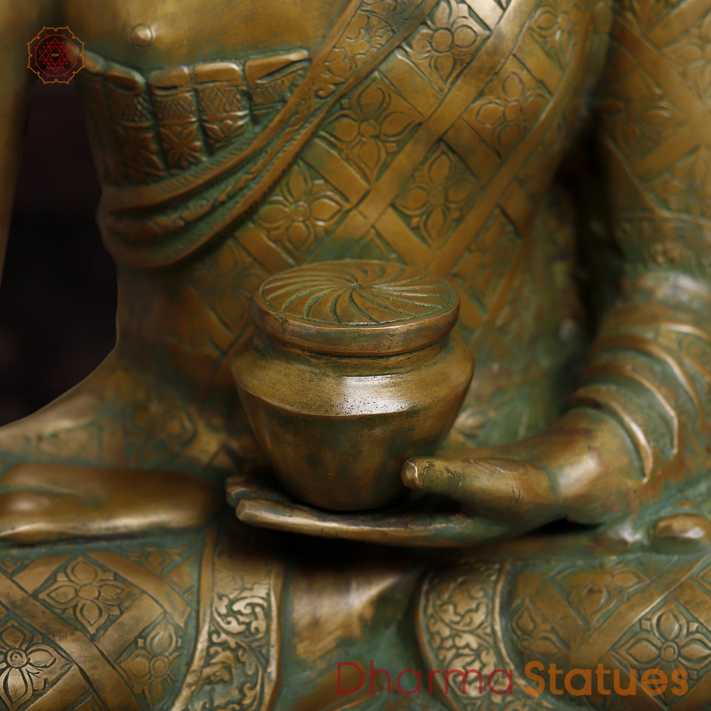 Brass Buddha seated in Blessing Posture, Golden & Green Patina Finish, 29"