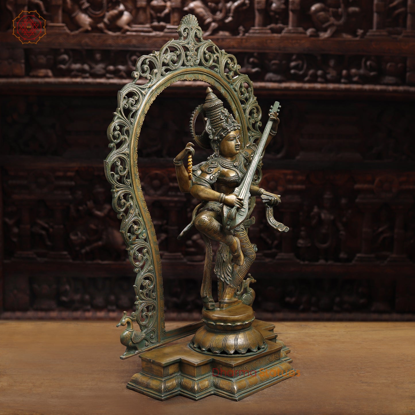 Brass Saraswati with Frame, Antique Golden & Green Finish, 32"