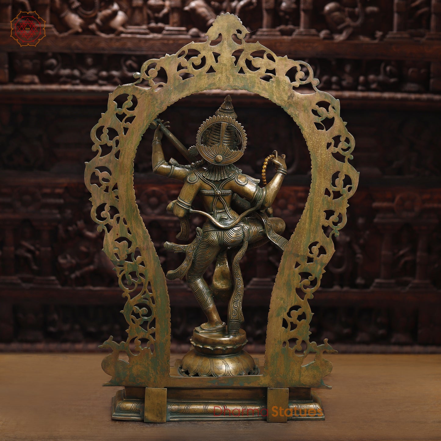 Brass Saraswati with Frame, Antique Golden & Green Finish, 32"
