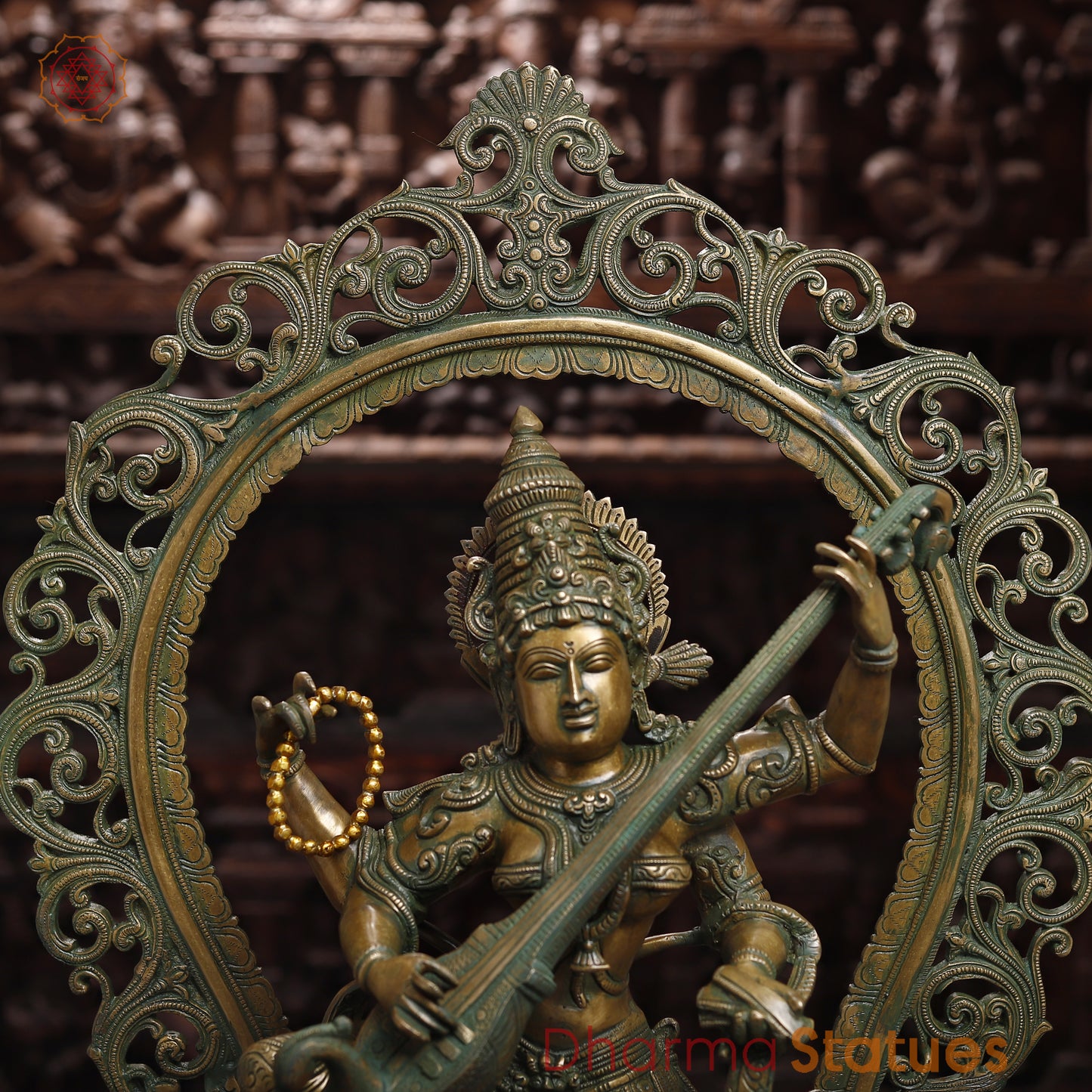 Brass Saraswati with Frame, Antique Golden & Green Finish, 32"