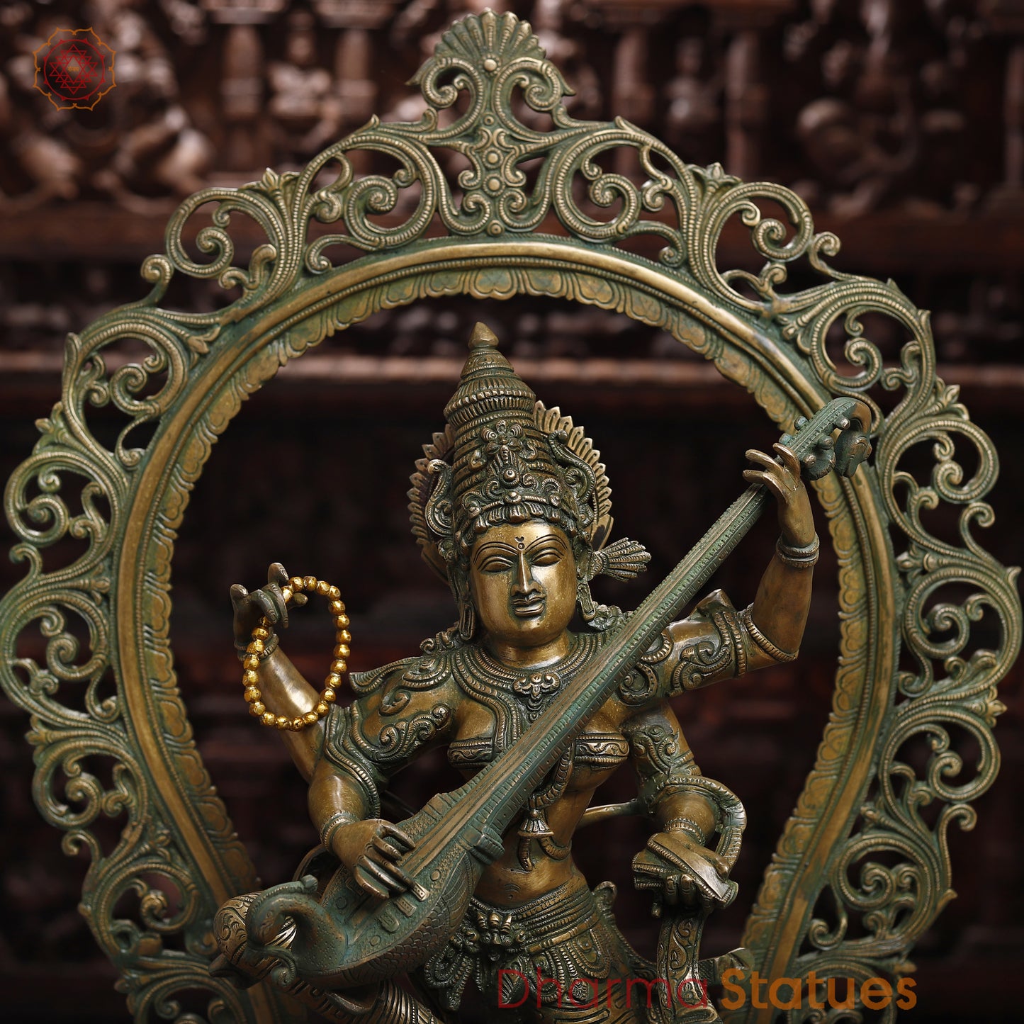 Brass Saraswati with Frame, Antique Golden & Green Finish, 32"