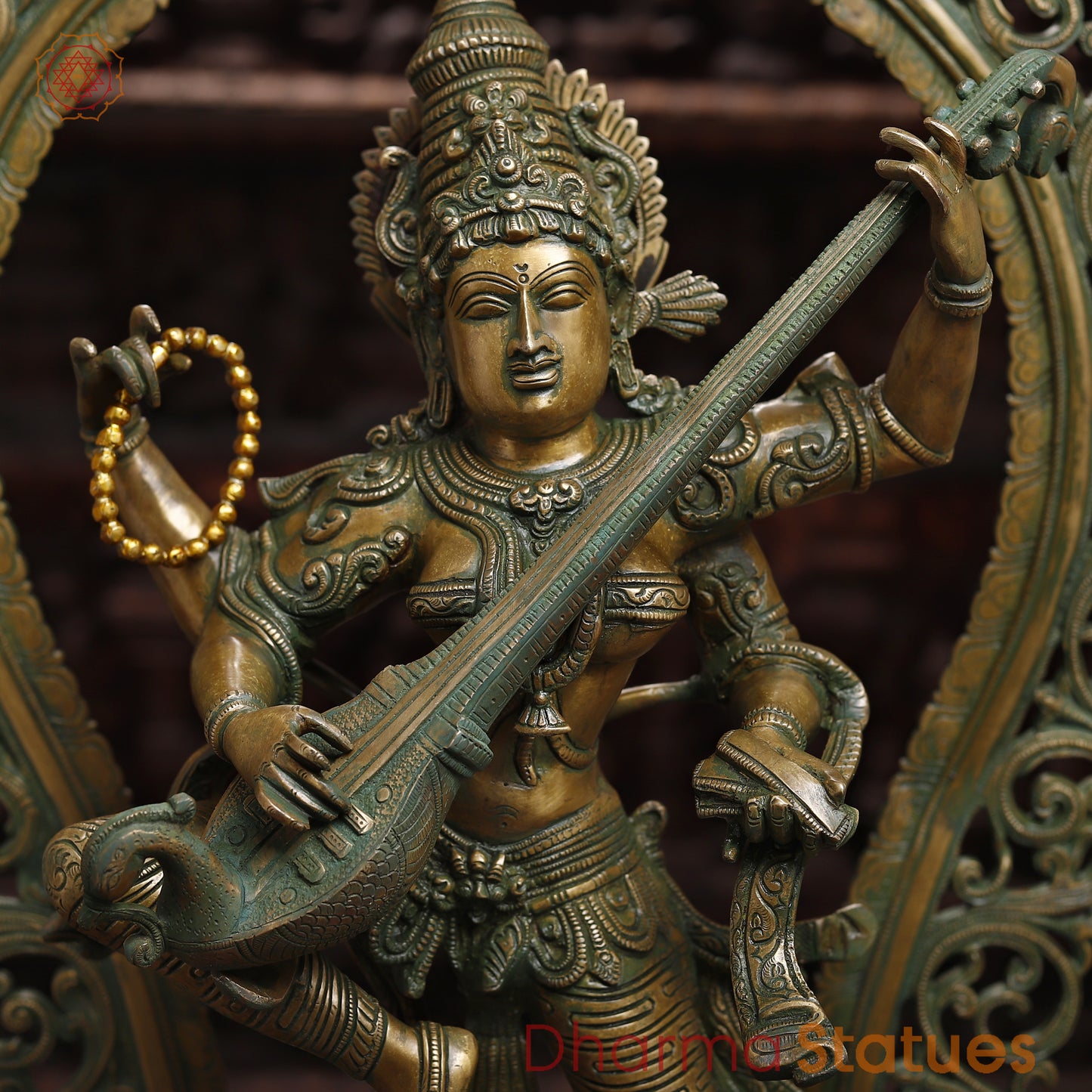 Brass Saraswati with Frame, Antique Golden & Green Finish, 32"
